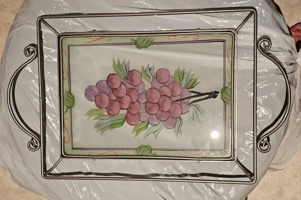 Vintage Metal Framed Glass Tray with Grape Design image indicator(2)
