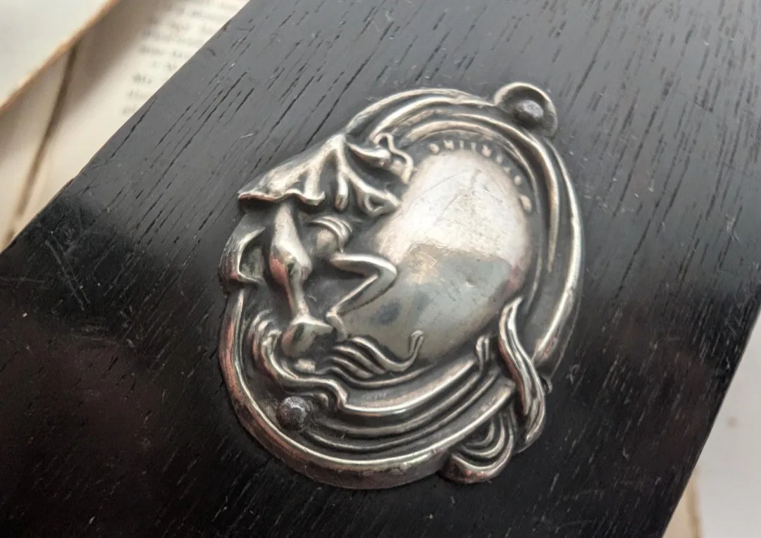 Genuine Ebony Clothes Brush ~ Art Nouveau Sterling Silver Crest image indicator(2)