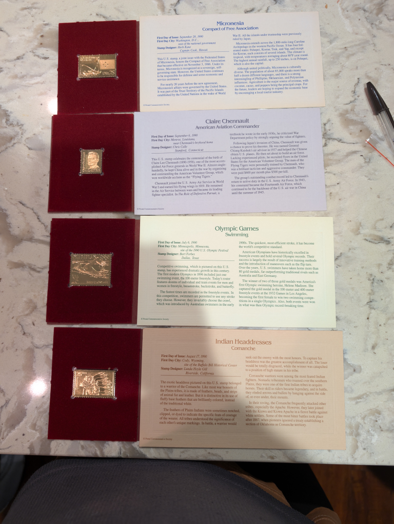 1990 22 KT gold Commemorative Stamp Collection