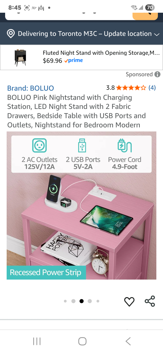 BRAND NEW BOLUO Pink Nightstand with Charging Station