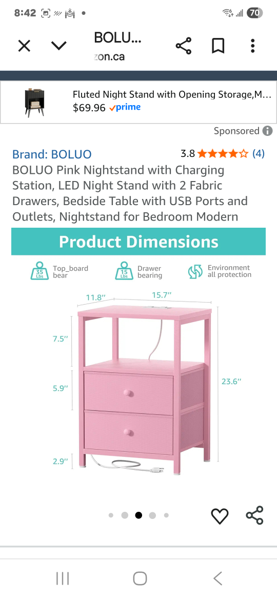 BRAND NEW BOLUO Pink Nightstand with Charging Station - photo 2