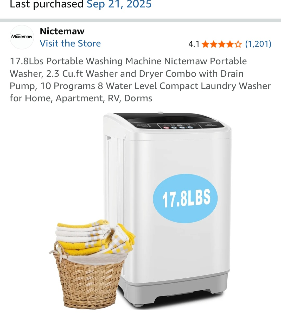 Nictemaw 17.8Lbs Portable Washing Machine - White & Grey