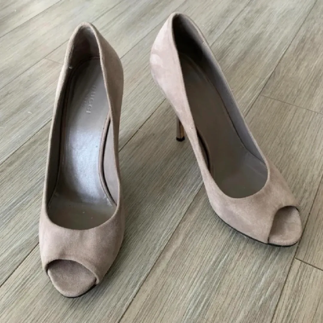 Gucci Grey Suede Leather Peep Toe Heels image indicator(2)