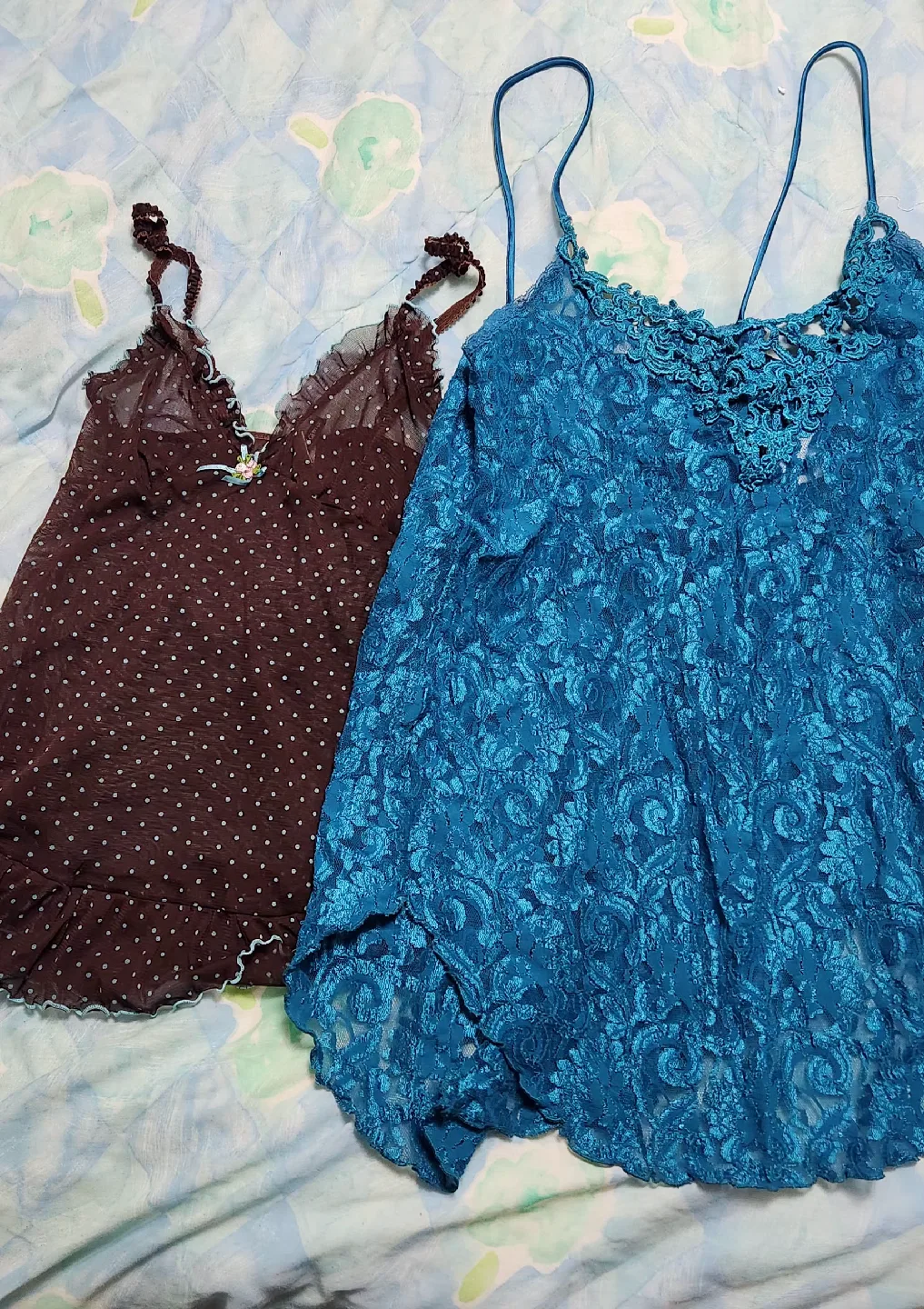 Two Camisole Tops - Brown Polka Dot & Blue Lace thumbnail