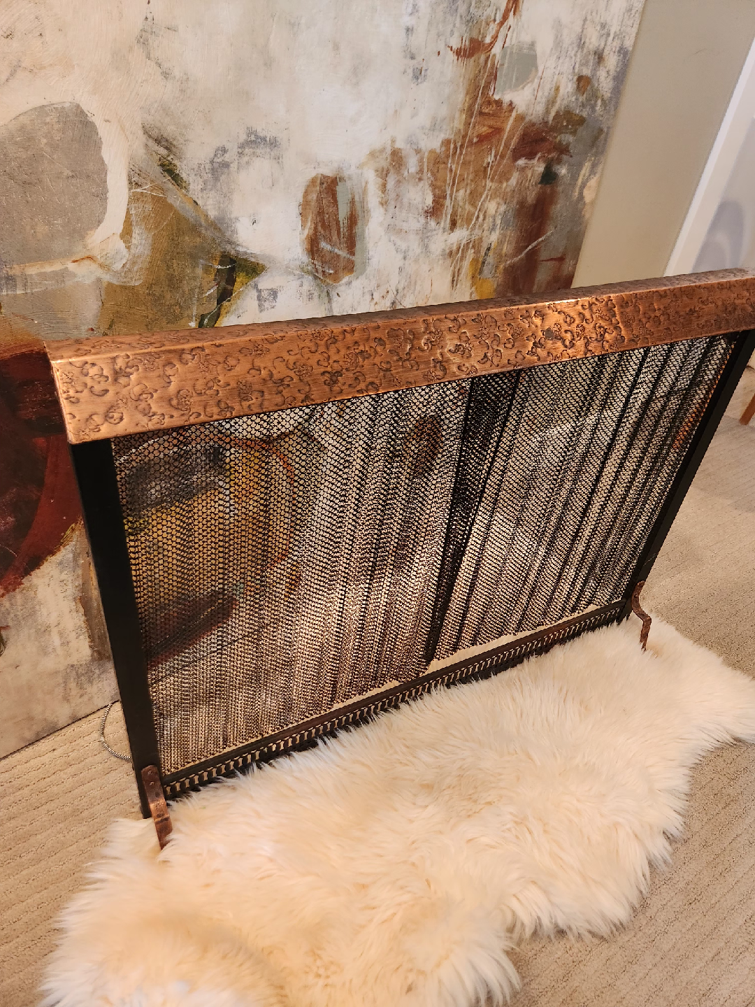FREE STANDING Fireplace Screen with Copper Trim, 1970's style!