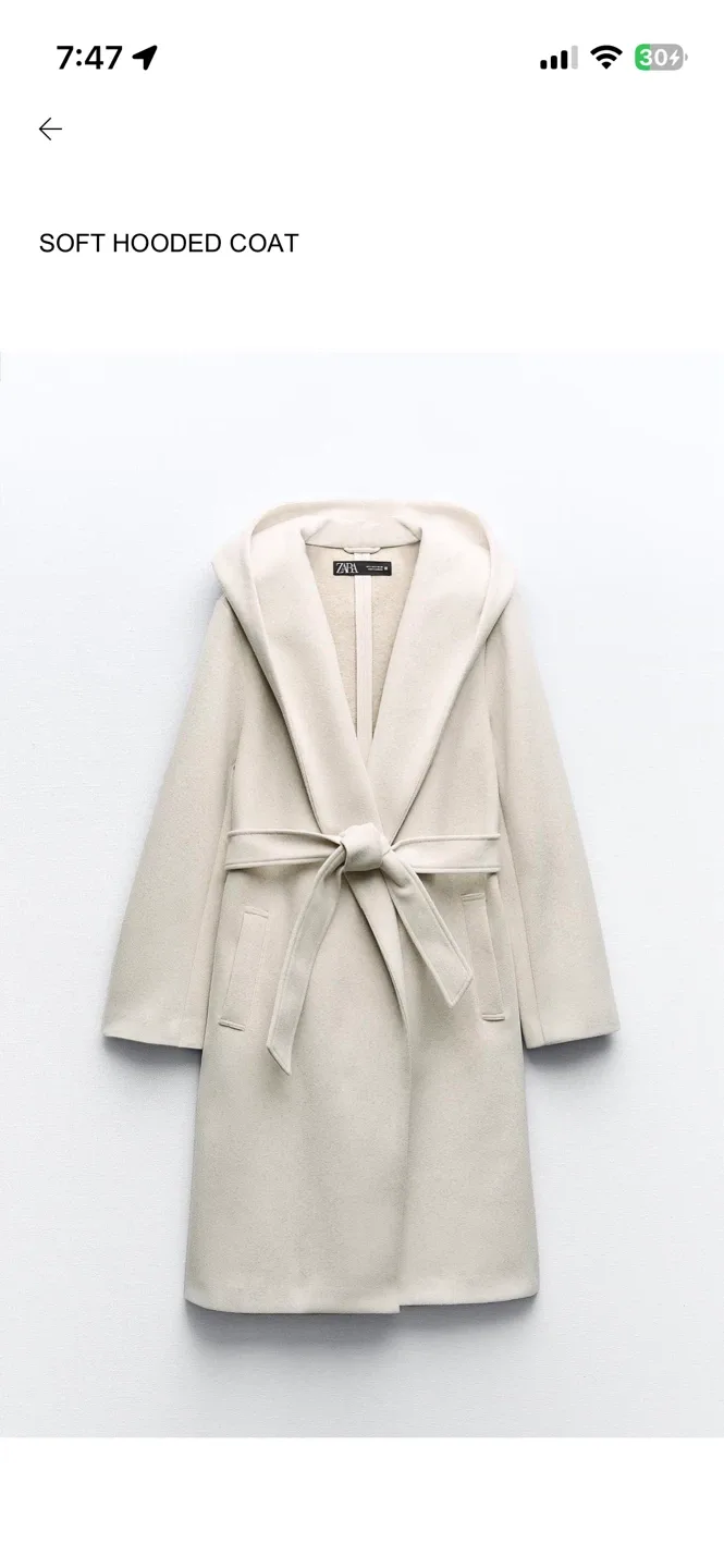 ZARA Soft Hooded Coat ��– Ecru – XS – Style #3046/266 thumbnail