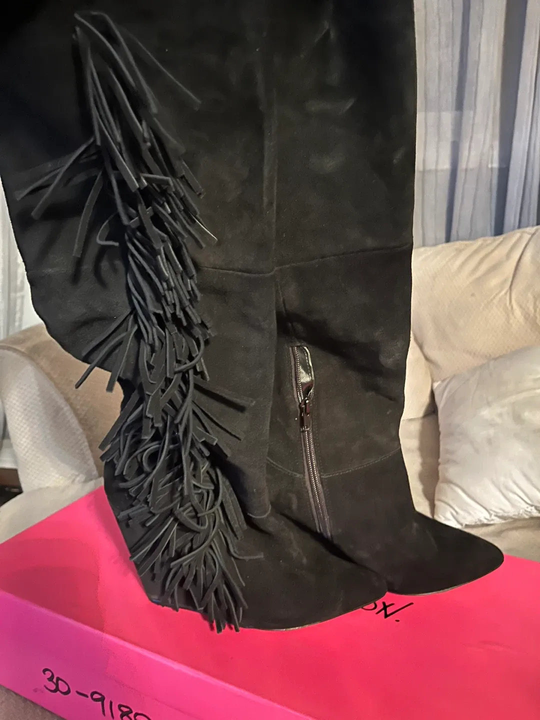 Betsey Johnson Black Suede Fringe Wedge Boots - Size 9 image indicator(2)