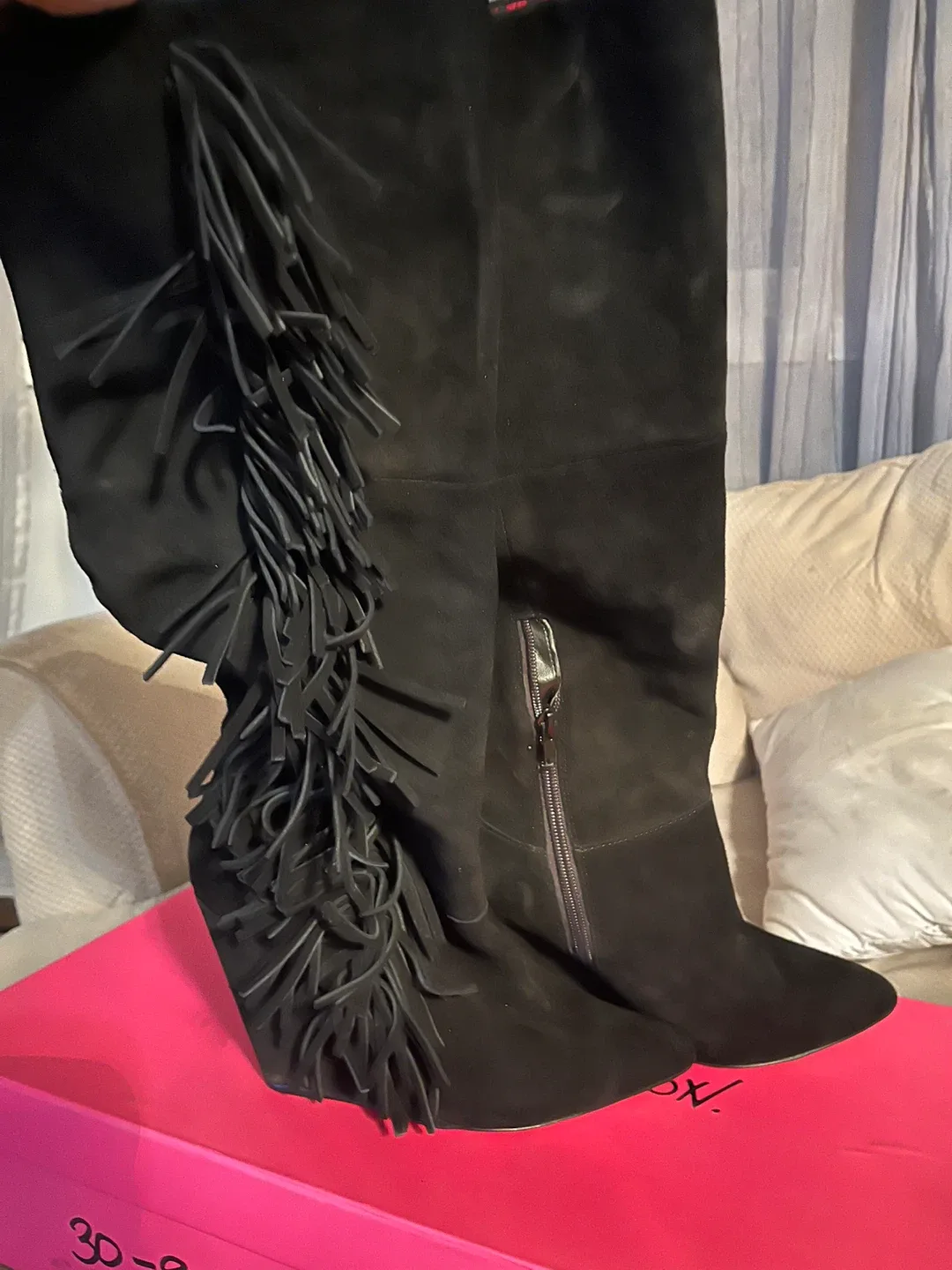 Betsey Johnson Black Suede Fringe Wedge Boots - Size 9 image indicator(4)