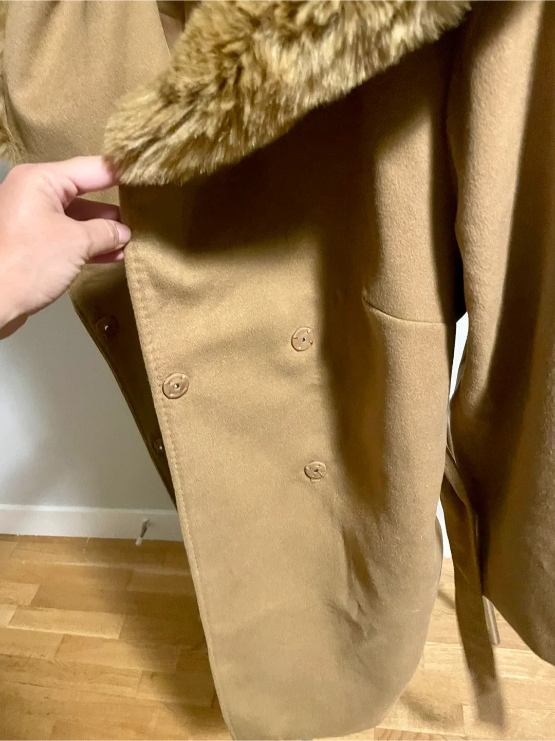 H&M XL Camel Coat with Faux Fur Collar image indicator(2)