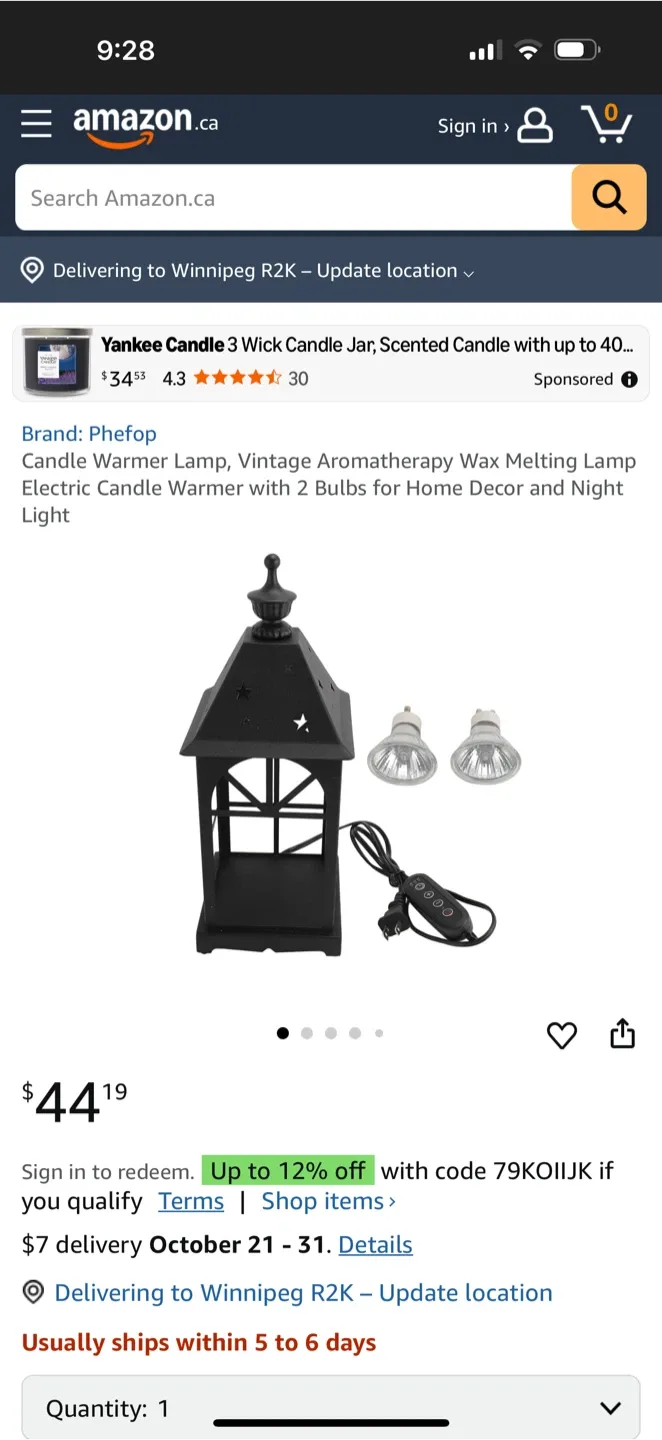 Black Candle Warmer Lamp,night light BRAND NEW thumbnail