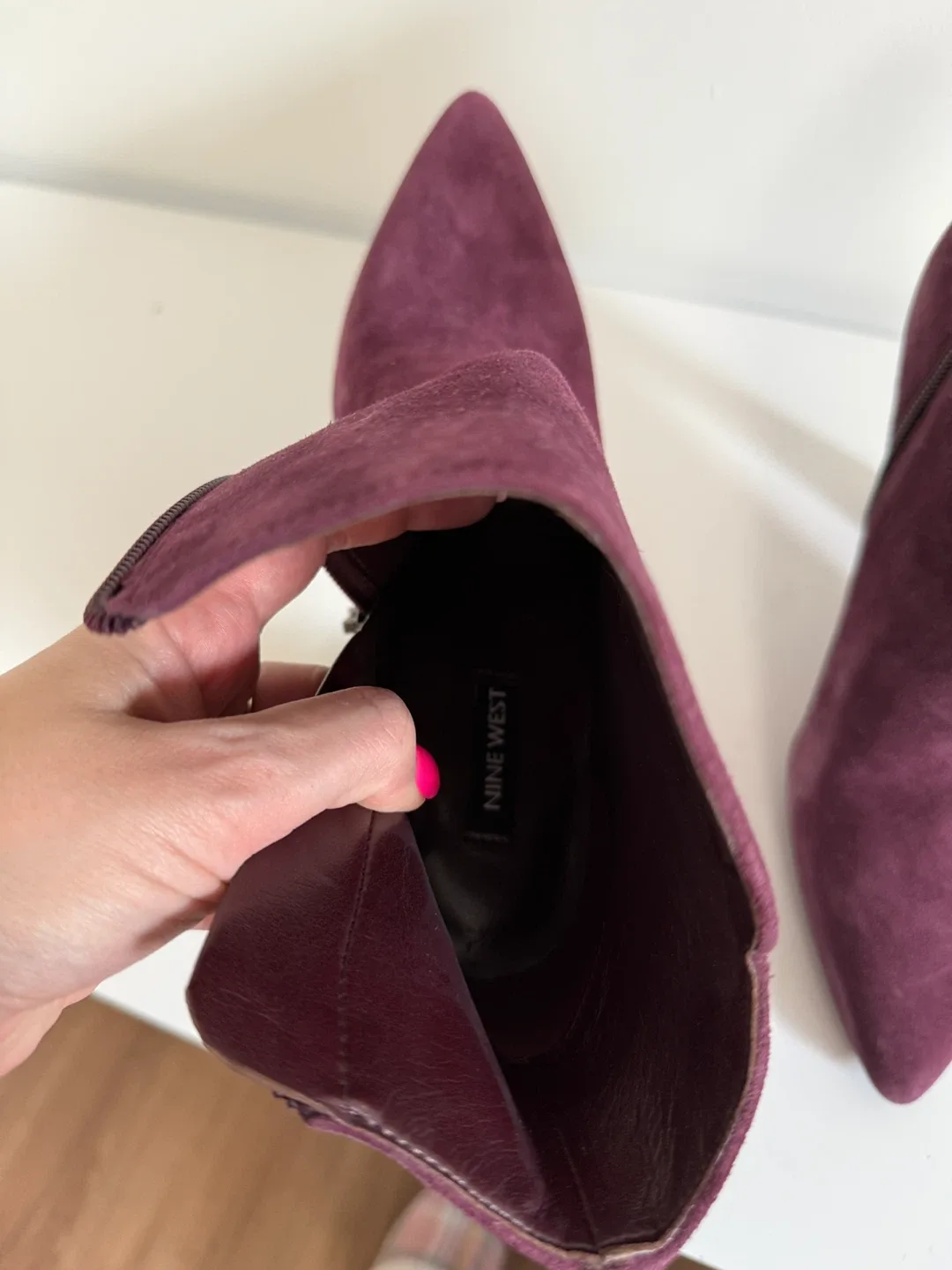 Nine West Purple Suede Heeled Booties Size 7 image indicator(4)
