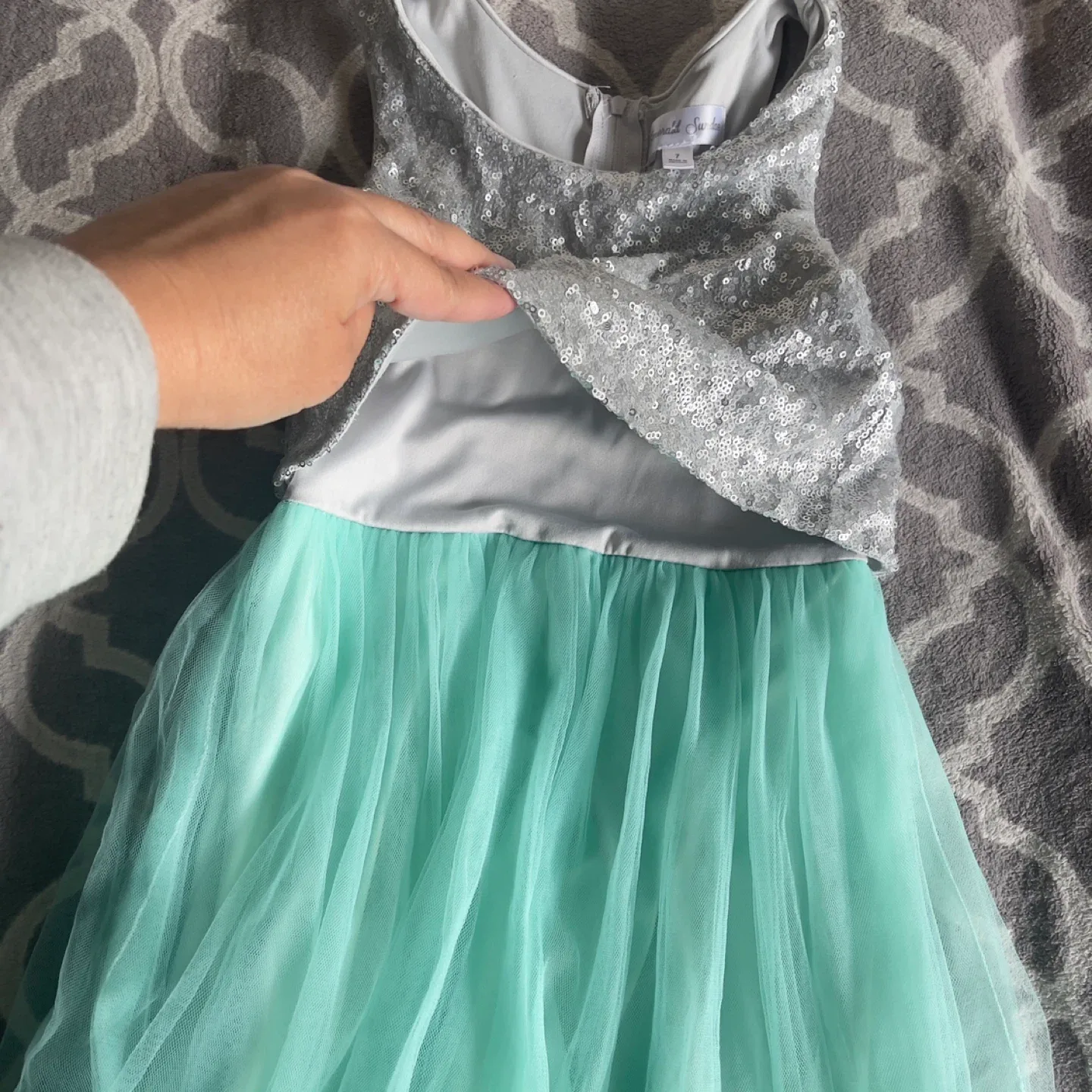 Girls' Dress - Silver Sequin Top, Aqua Tulle Skirt - Size 7 image indicator(2)