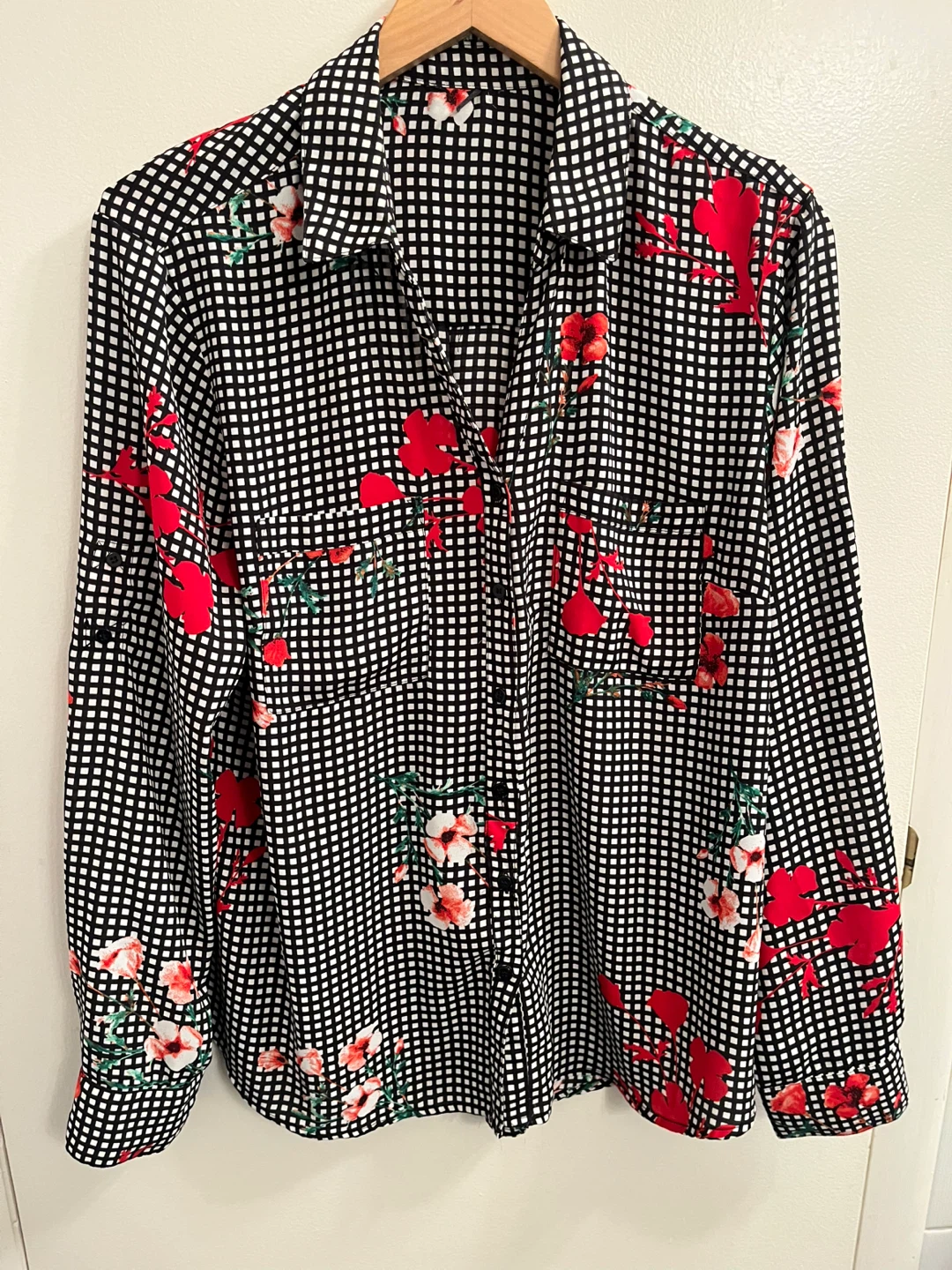 Floral Gingham Button-Up Shirt, M