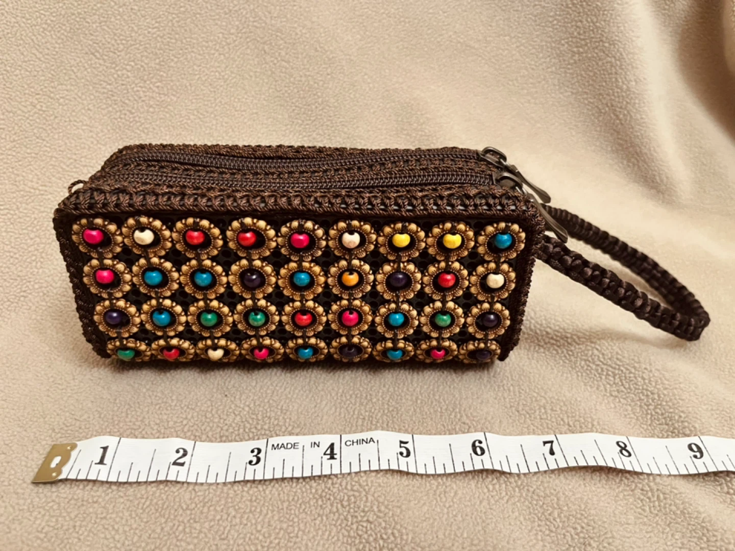 Brown Woven Handbag with Bead Details