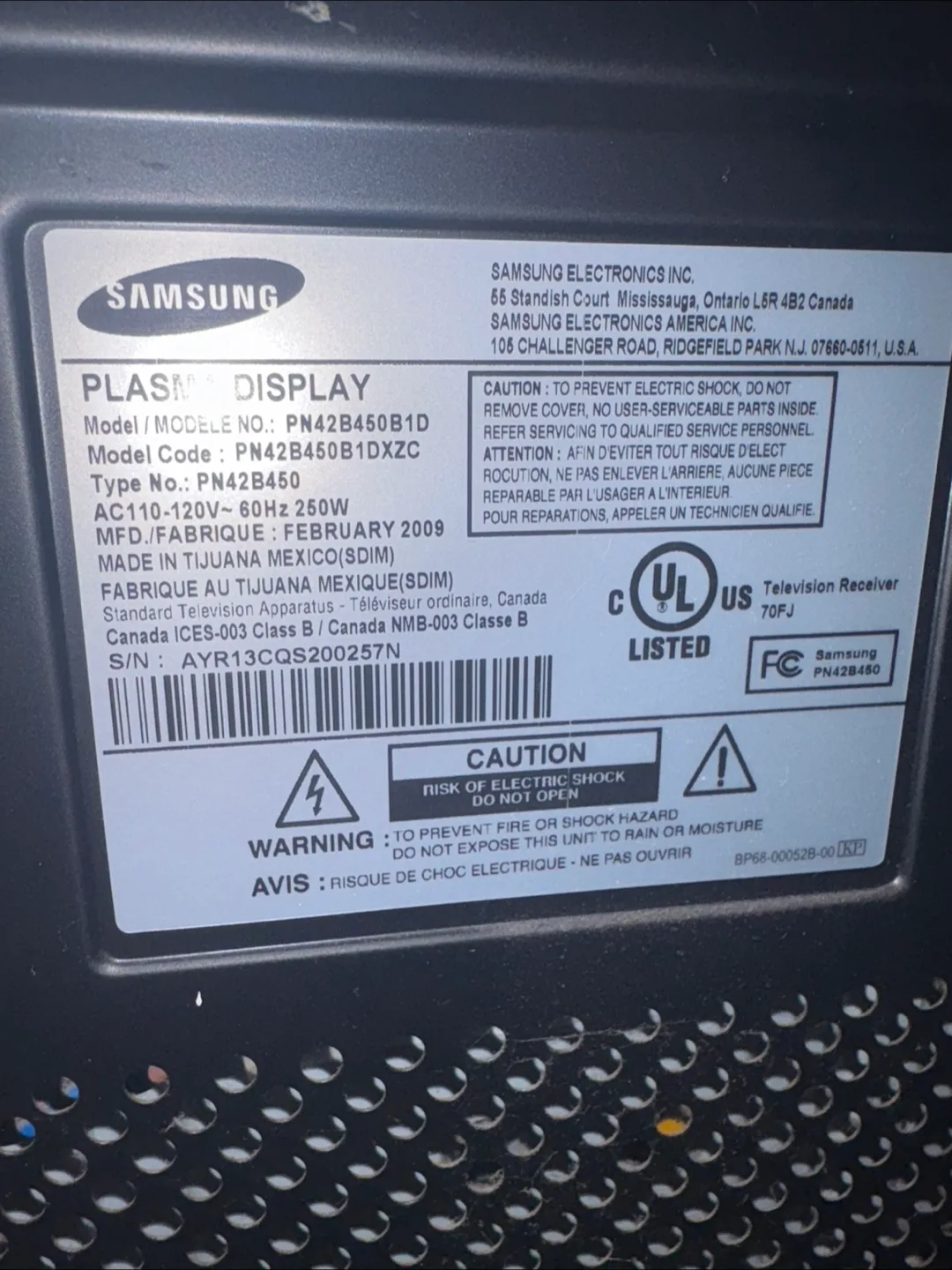 Samsung Plasma TV PN42B450 image indicator(3)