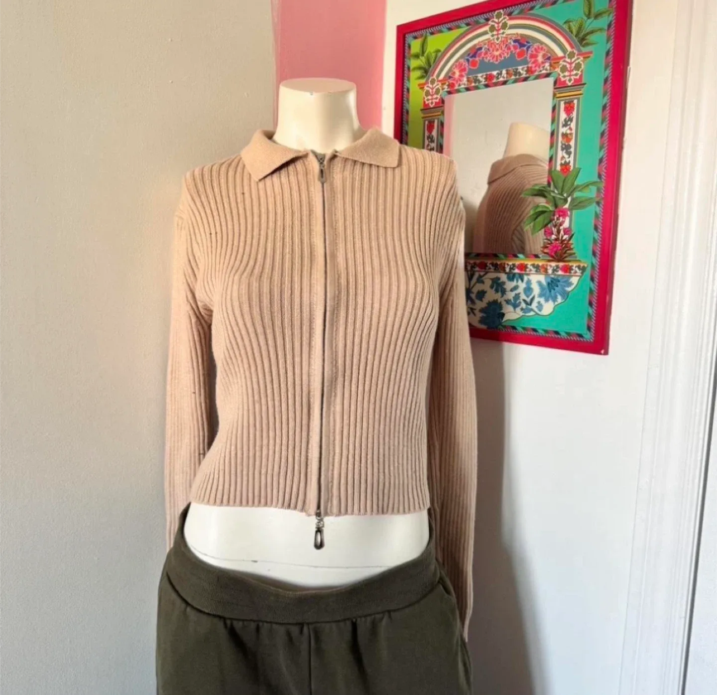 Tan Knit Ribbed Zip Up Cardigan thumbnail