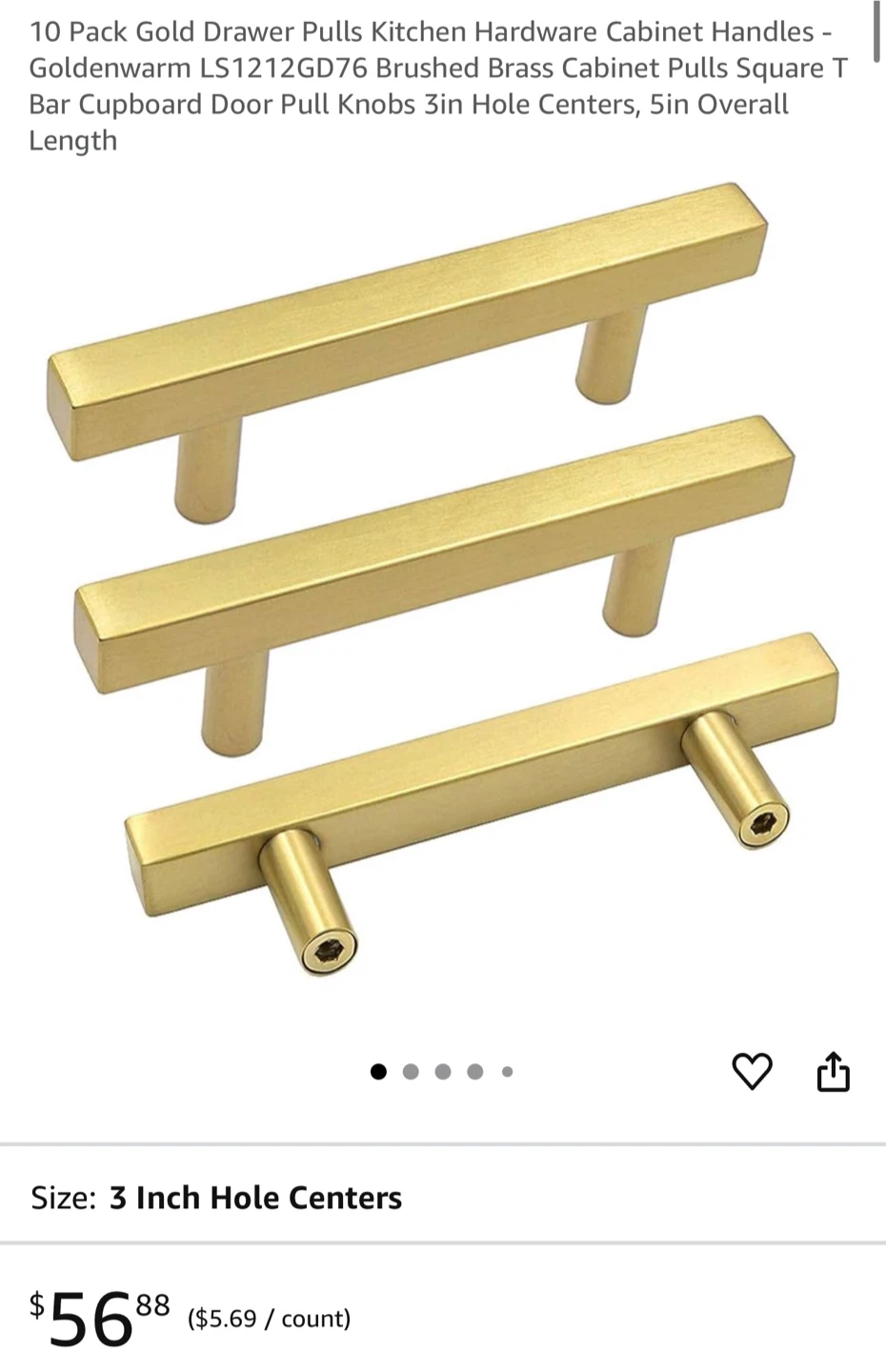 Gold Drawer Pulls - 3 inch Hole Centers
