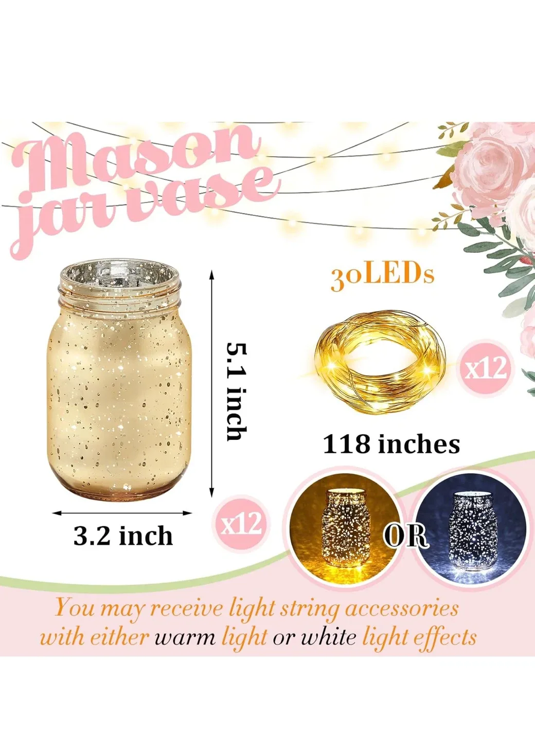 Tioncy 12 Pcs Painted Mason Jars - Gold image indicator(3)