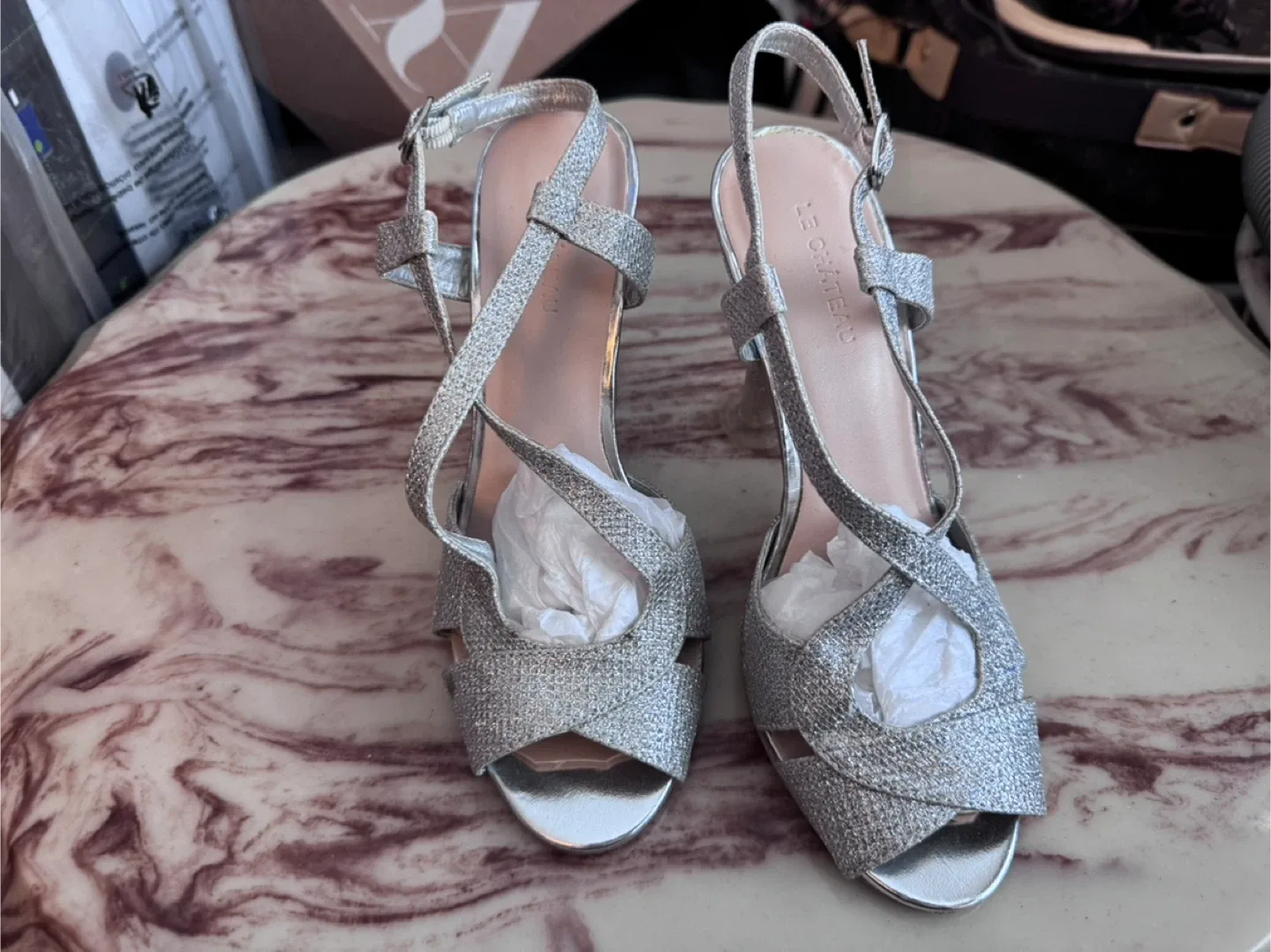 Le Chateau Silver Heels - Size 7 - With Box thumbnail