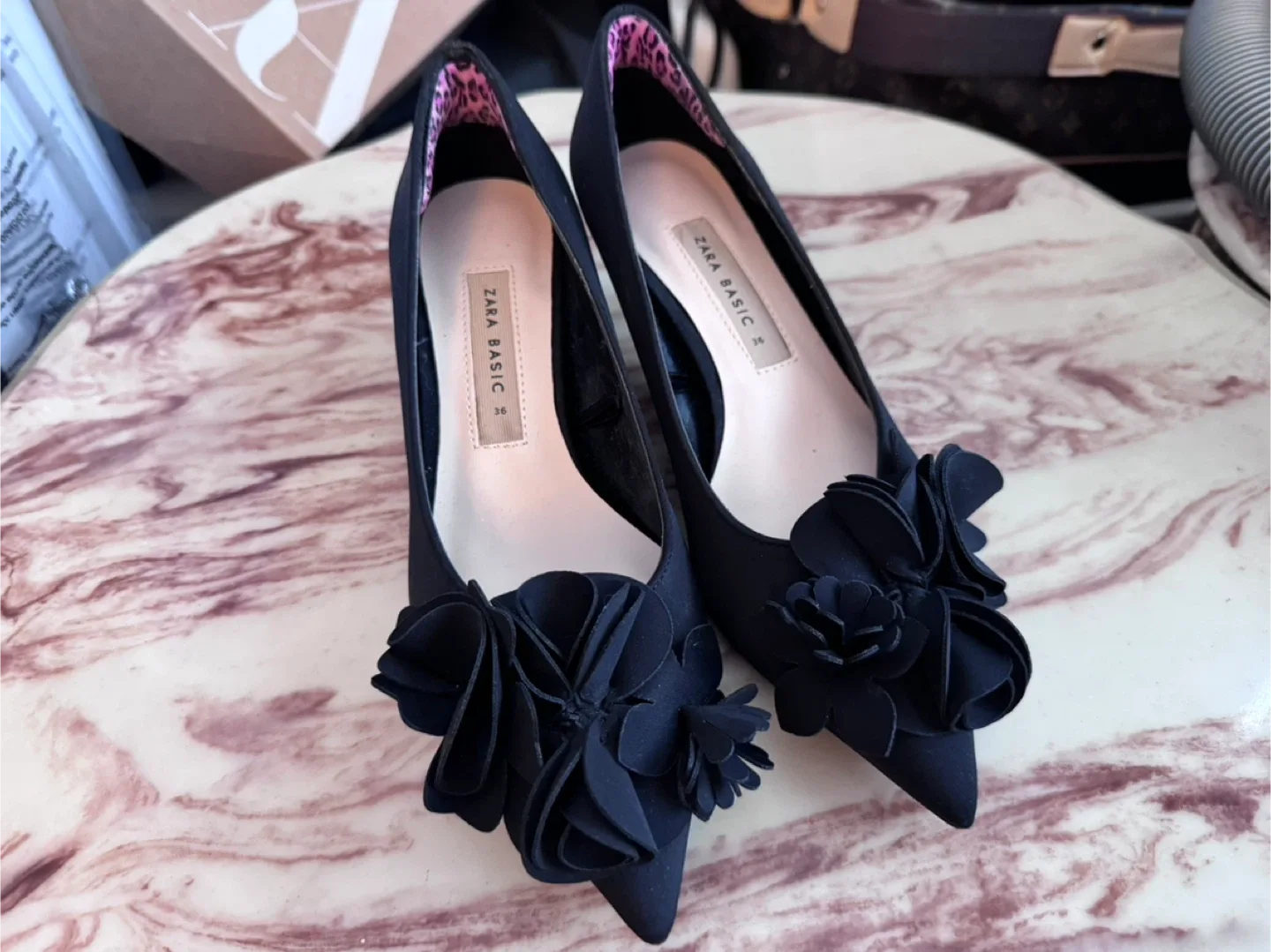 Zara Basic Black Heels with Flower Detail, Size 6.5 thumbnail