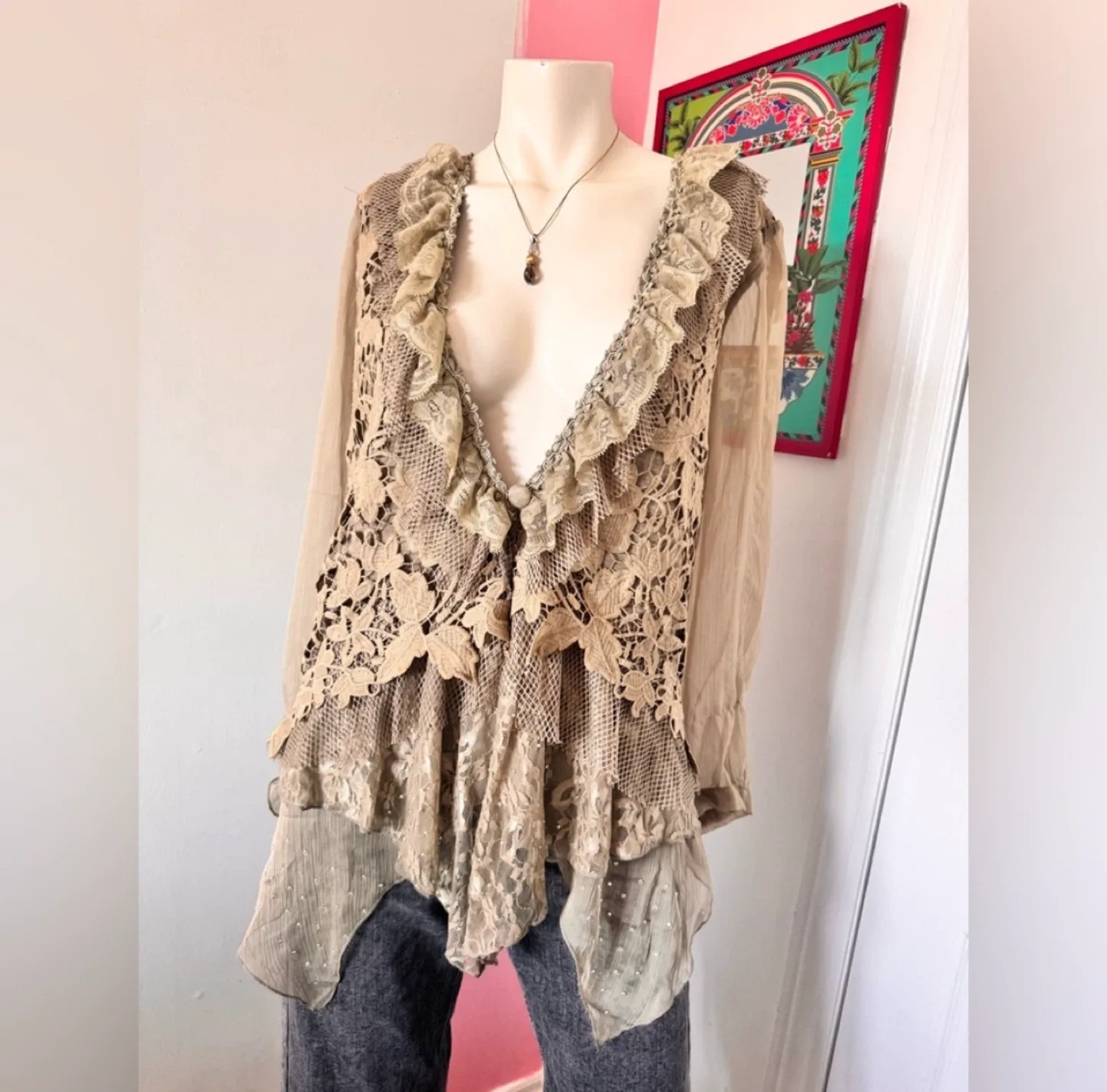 Tan and cream lace and silk blouse with ruffles thumbnail