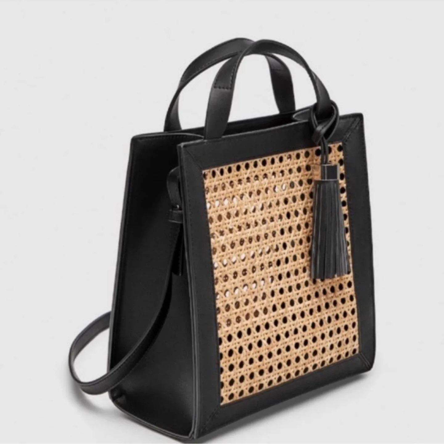 Zara Wicker/Leather Square Tote Bag