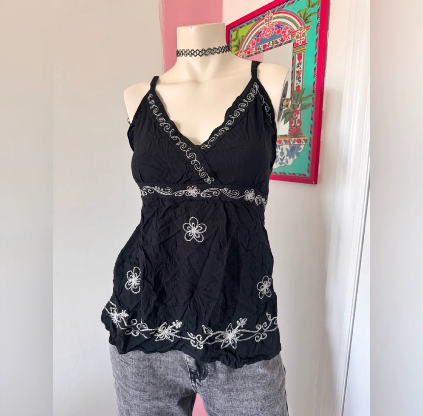 Black embroidered tank top with white accents thumbnail