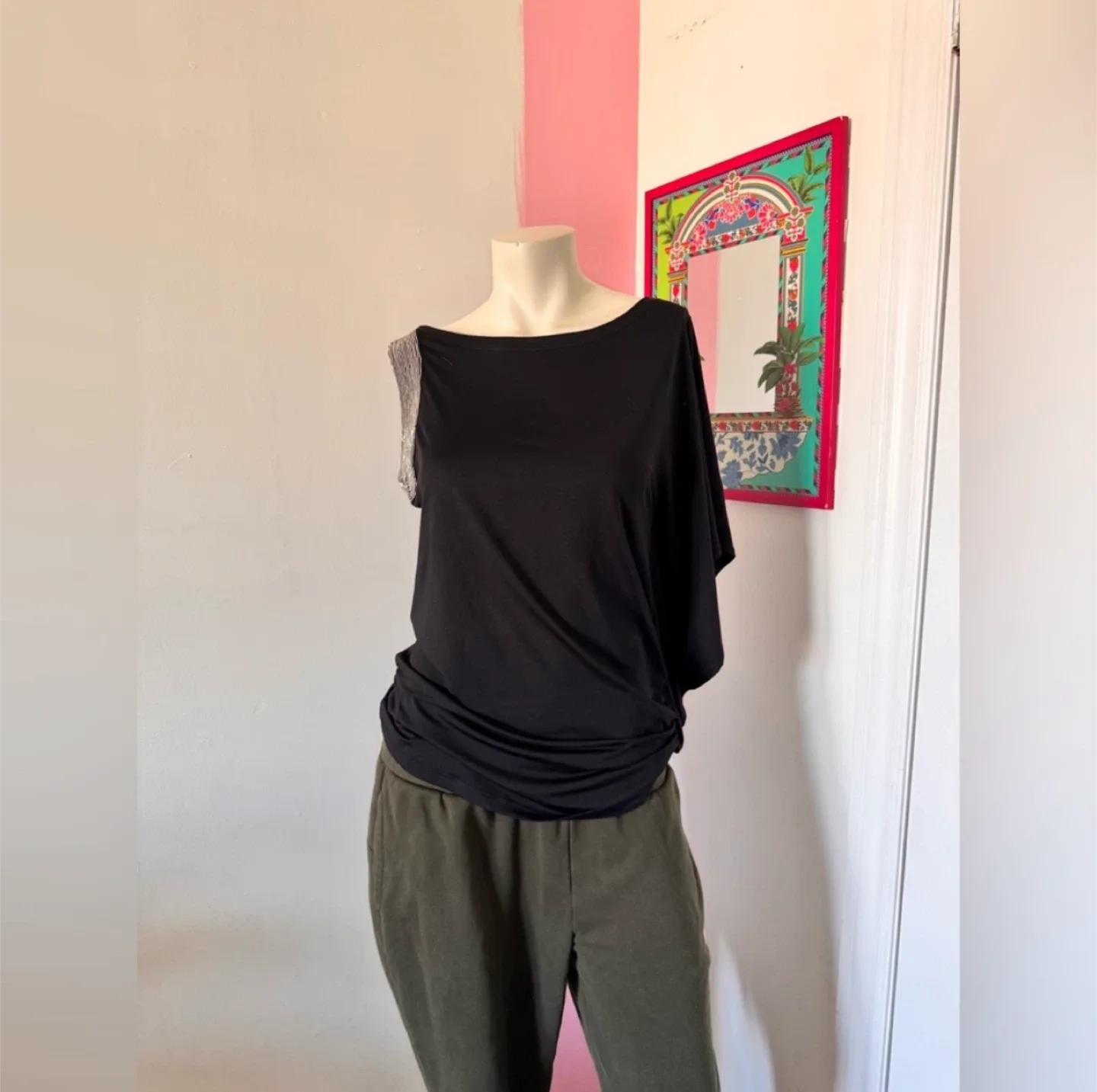 Filtré one sleeve black top with silver accents thumbnail