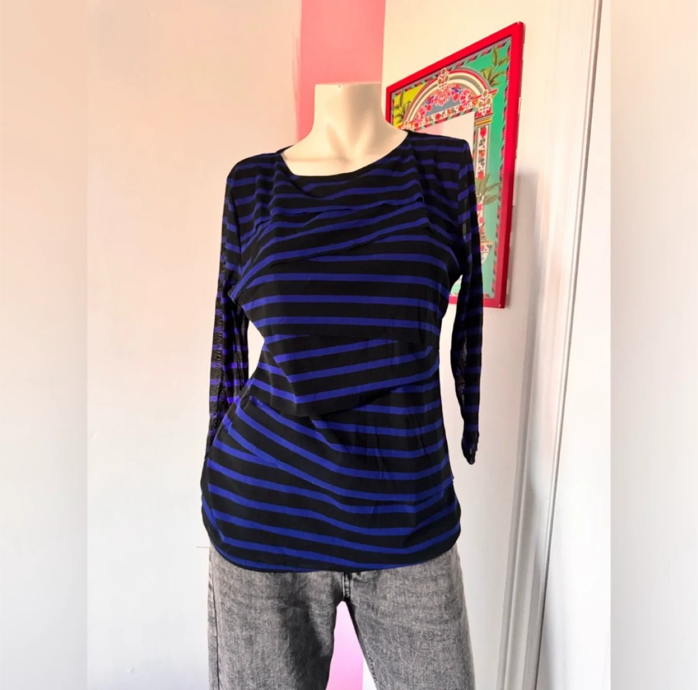 Dana Buchman black and blue striped long sleeve top thumbnail