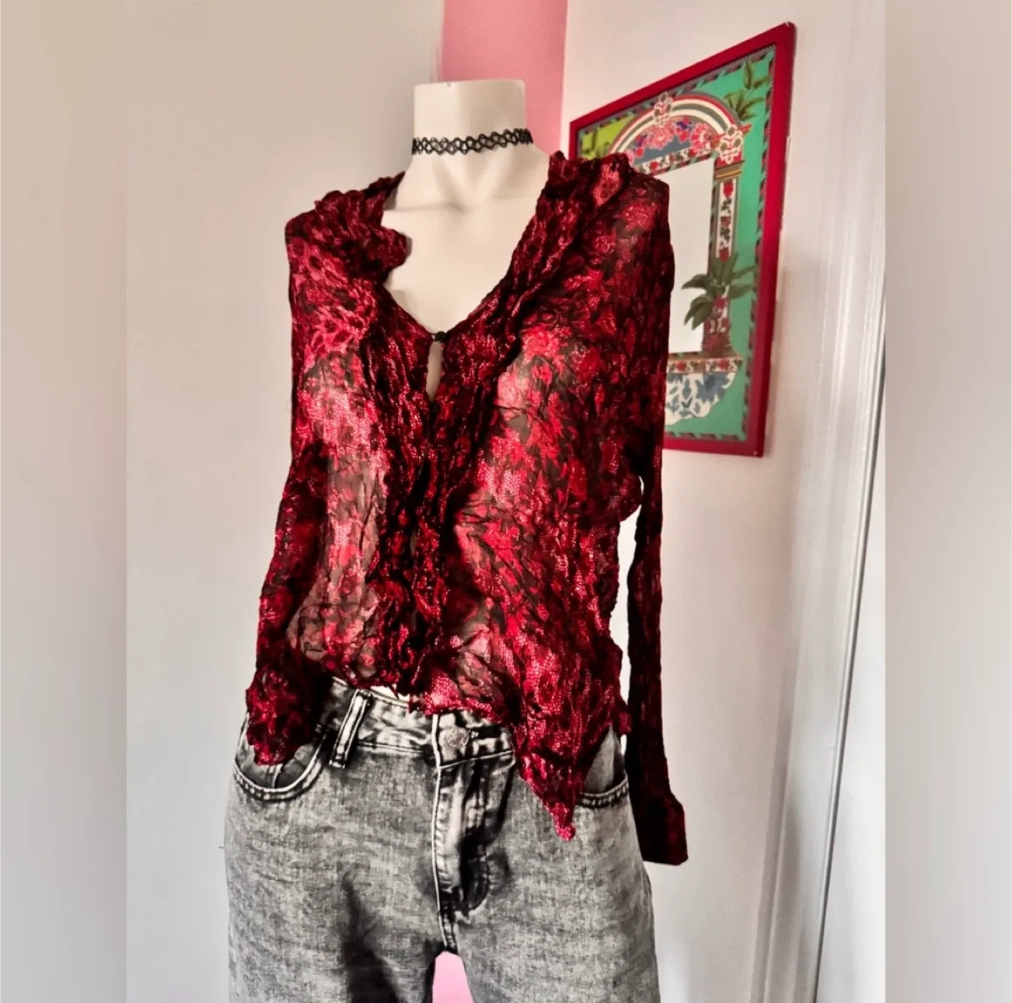 Red floral lace sheer blouse with ruffles and long sleeves thumbnail