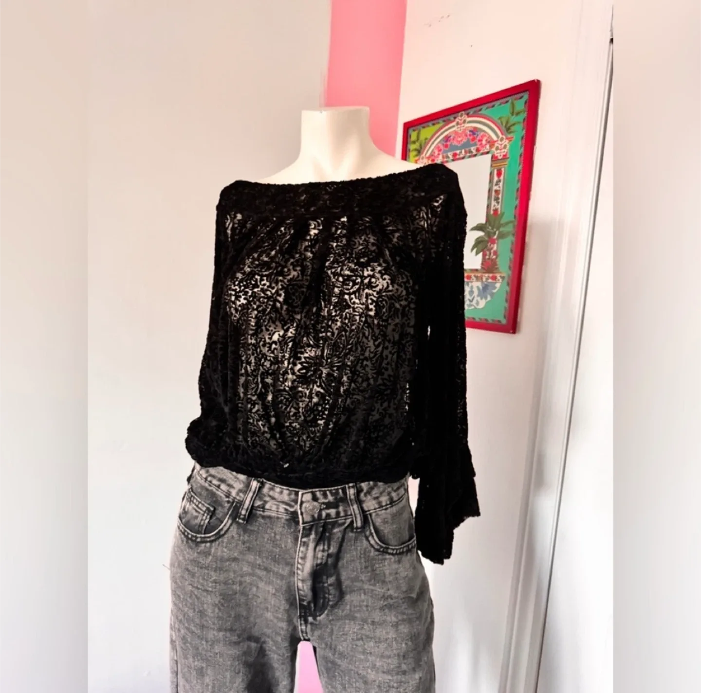Free People Black lace off the shoulder top with bell sleeves thumbnail