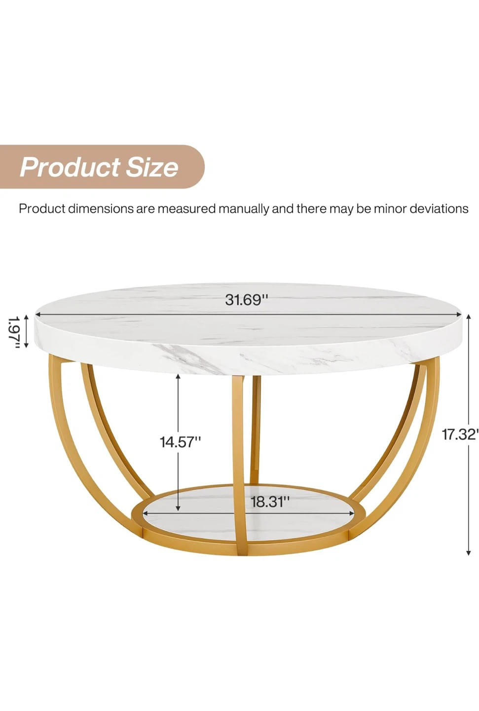 Tribesigns Round Coffee Table - White Marble & Gold - photo 2