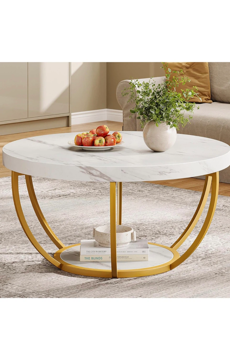 Tribesigns Round Coffee Table - White Marble & Gold