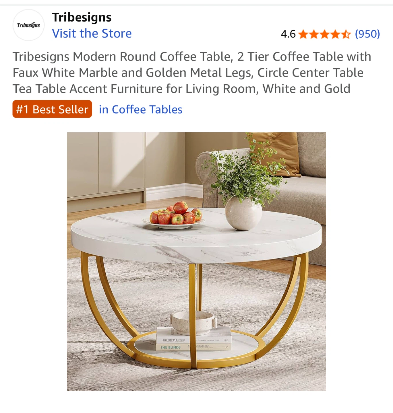 Tribesigns Round Coffee Table - White Marble & Gold - photo 3