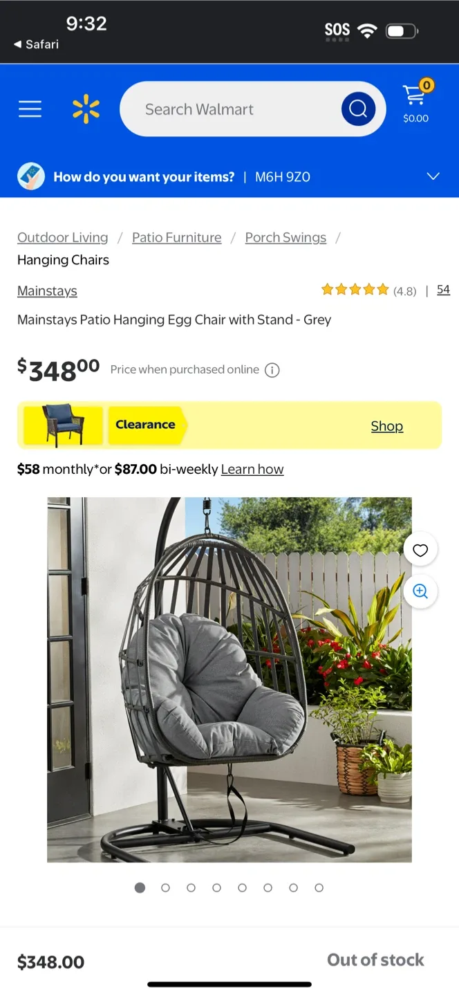Mainstays Patio Hanging Egg Chair with Stand - Grey thumbnail