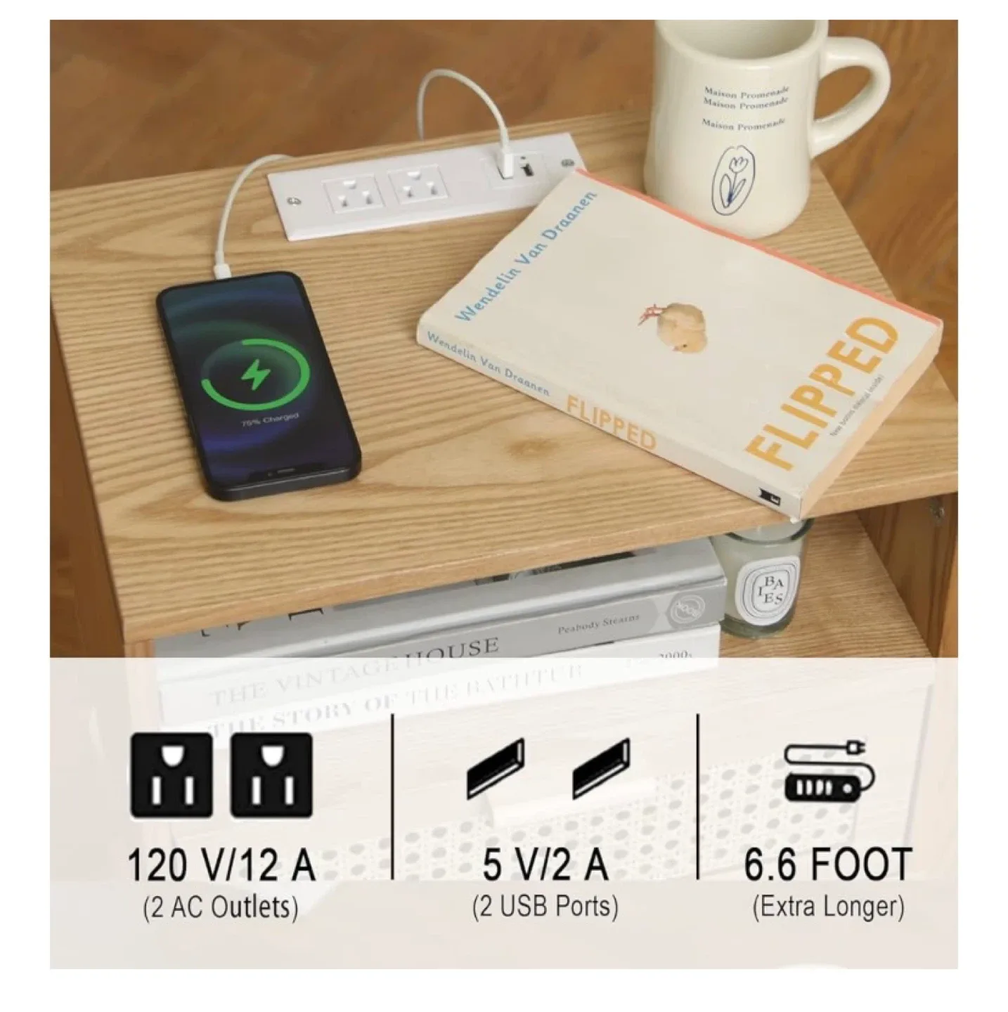 Wood Nightstand with USB Ports image indicator(2)