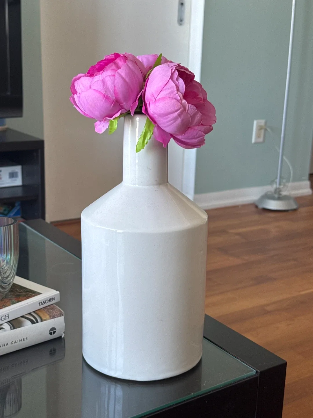 White Ceramic Vase with Pink Flowers