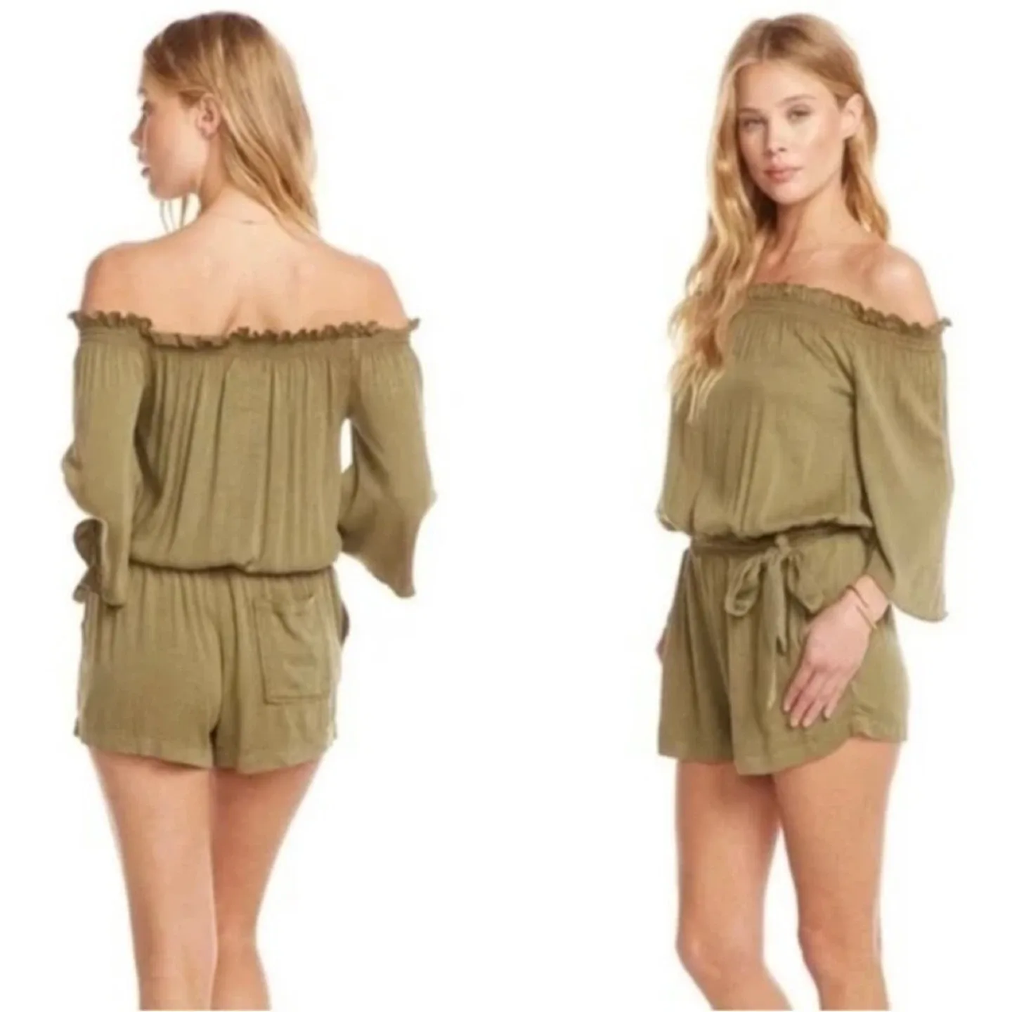 Chaser Off The Shoulder Flounce Sleeve Romper Size M thumbnail