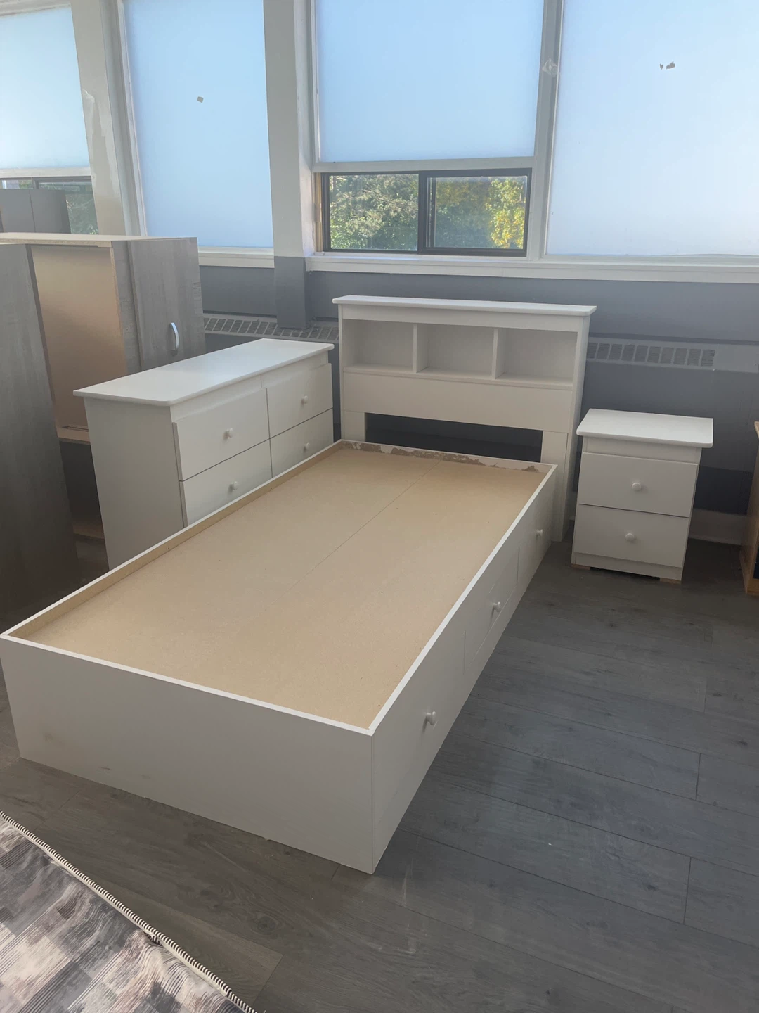 White Bed Frame with Headboard, Dresser, and Nightstand