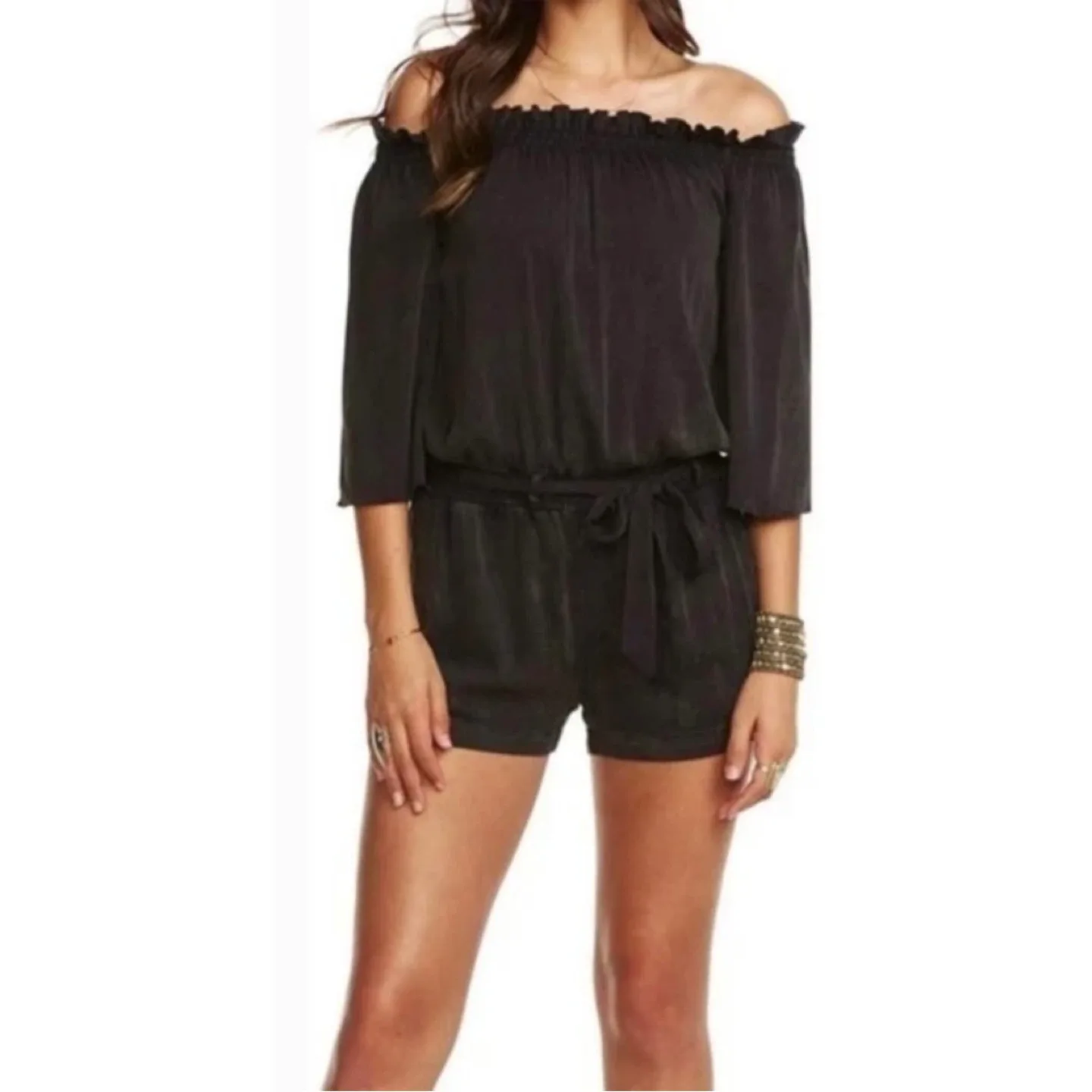Chaser Off The Shoulder Romper with Flounce Sleeve Size M thumbnail