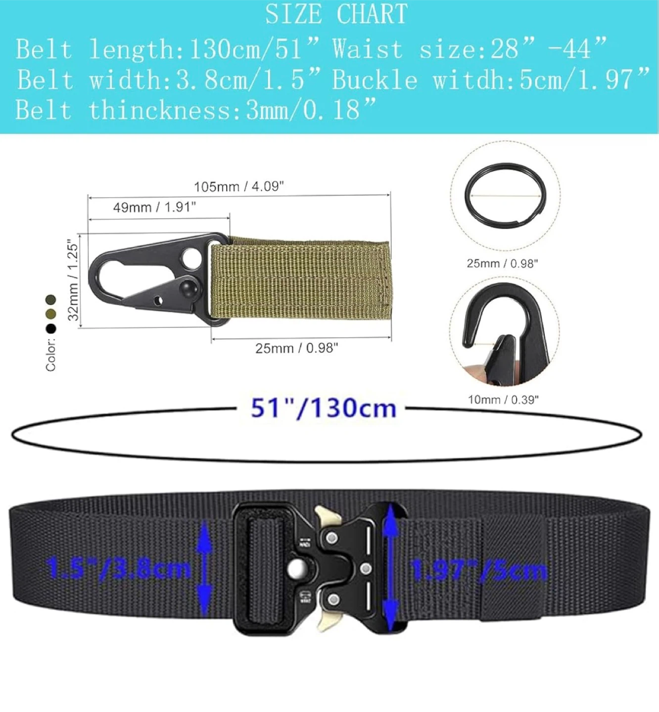 Tactical Belt, Heavy Duty Nylon Web Belt, 51 inch - photo 4