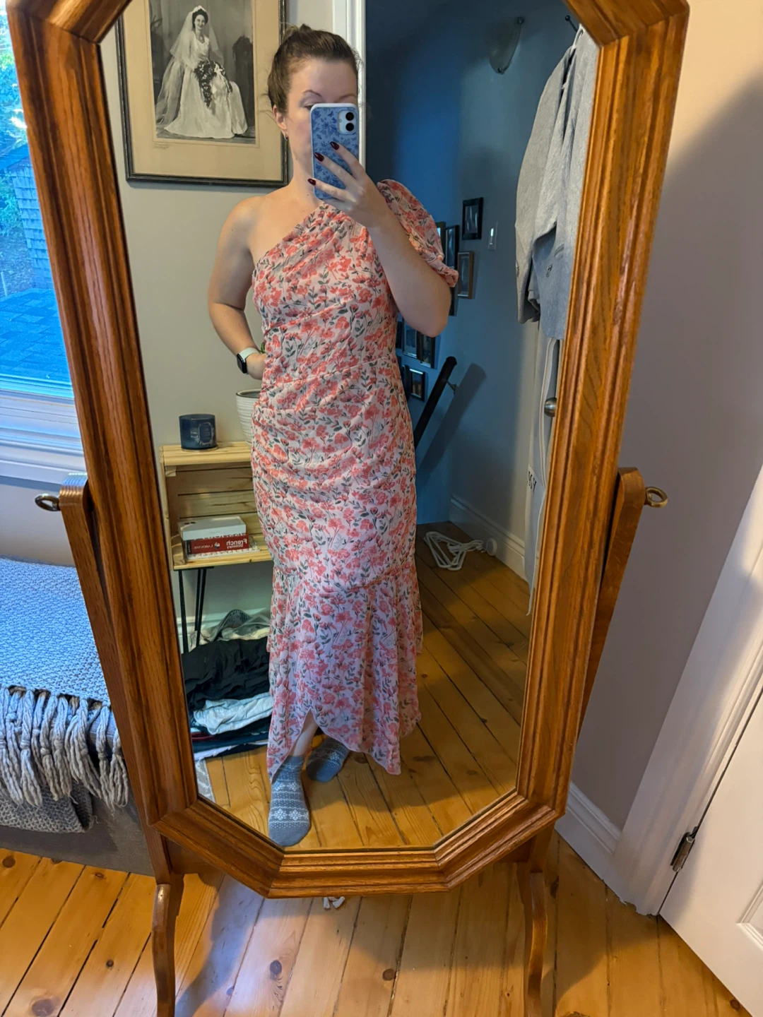 Floral One-Shoulder Ruched Dress
