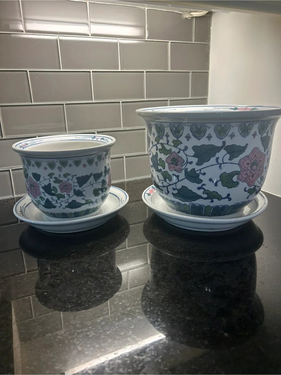 Asian Floral Ceramic Planters with Saucers - Set of Two image indicator(2)