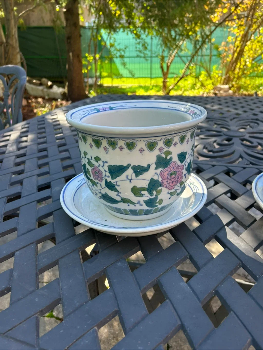 Asian Floral Ceramic Planters with Saucers - Set of Two image indicator(4)