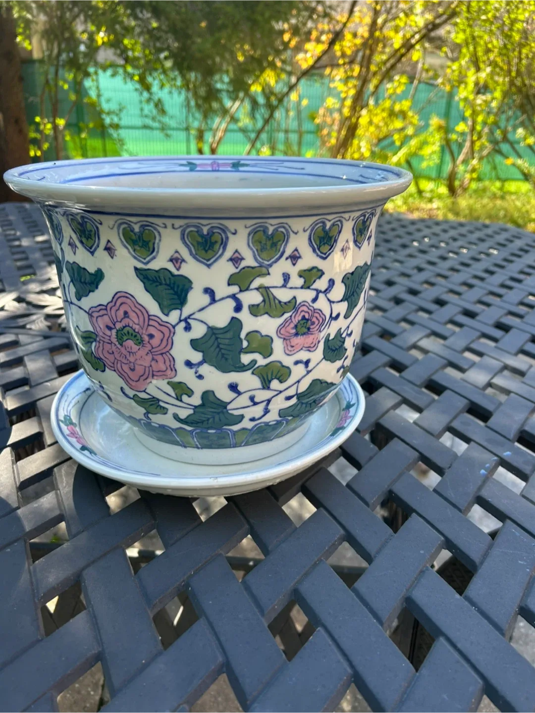 Asian Floral Ceramic Planters with Saucers - Set of Two image indicator(3)