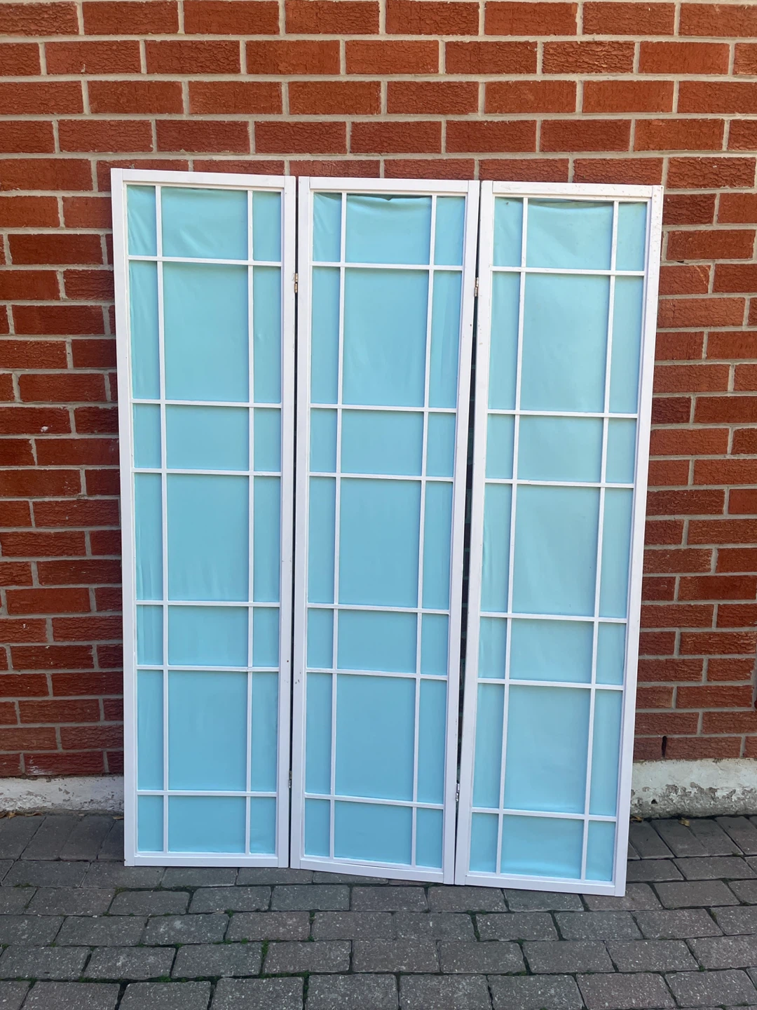 Folding Room Divider - White Frame, Light Blue Panels