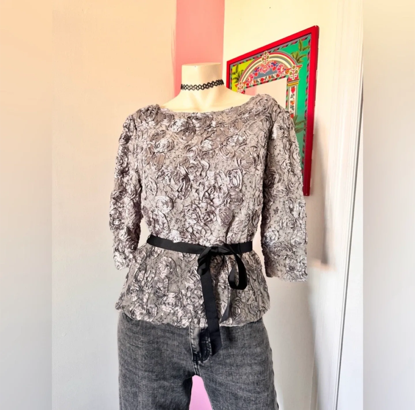 Grey & black floral blouse with 3/4 sleeves thumbnail