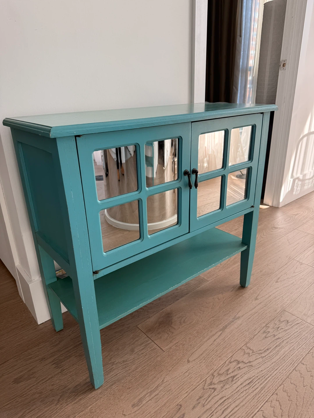 Retro Teal Wooden Cabinet with Mirrored Doors - photo 3