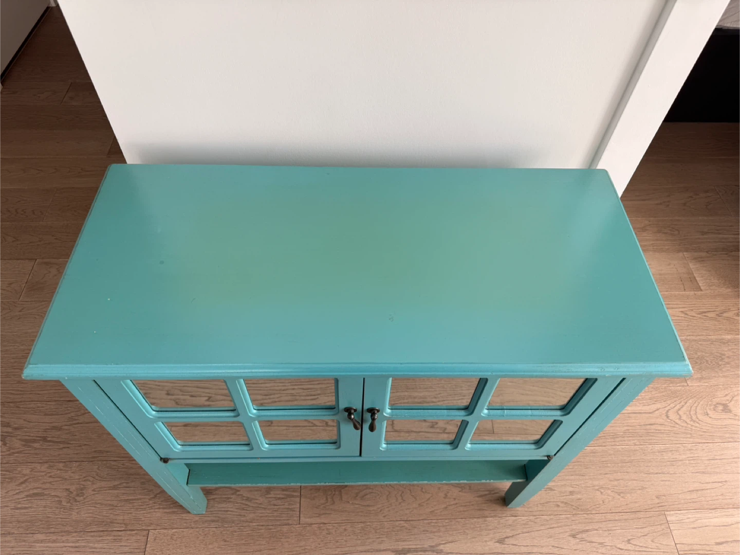 Retro Teal Wooden Cabinet with Mirrored Doors - photo 4