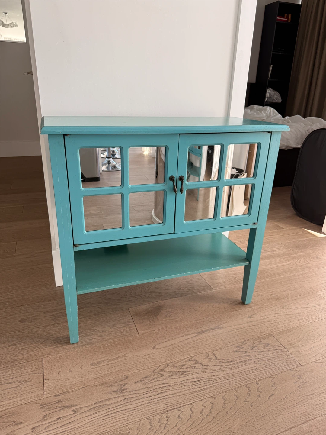 Retro Teal Wooden Cabinet with Mirrored Doors